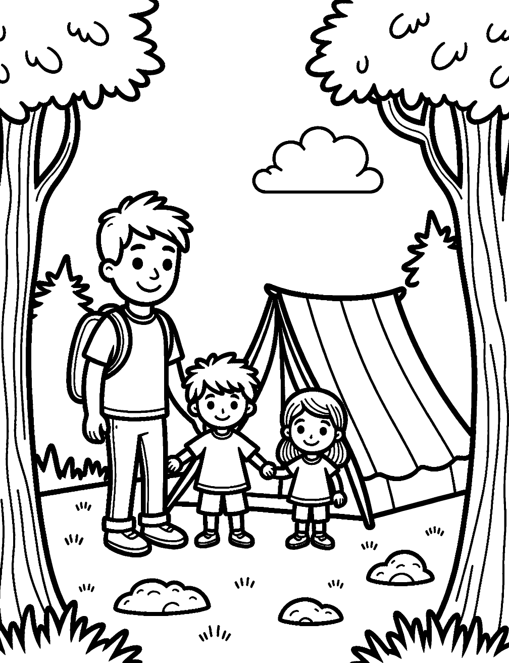 Família Acampando Desenho para Colorir