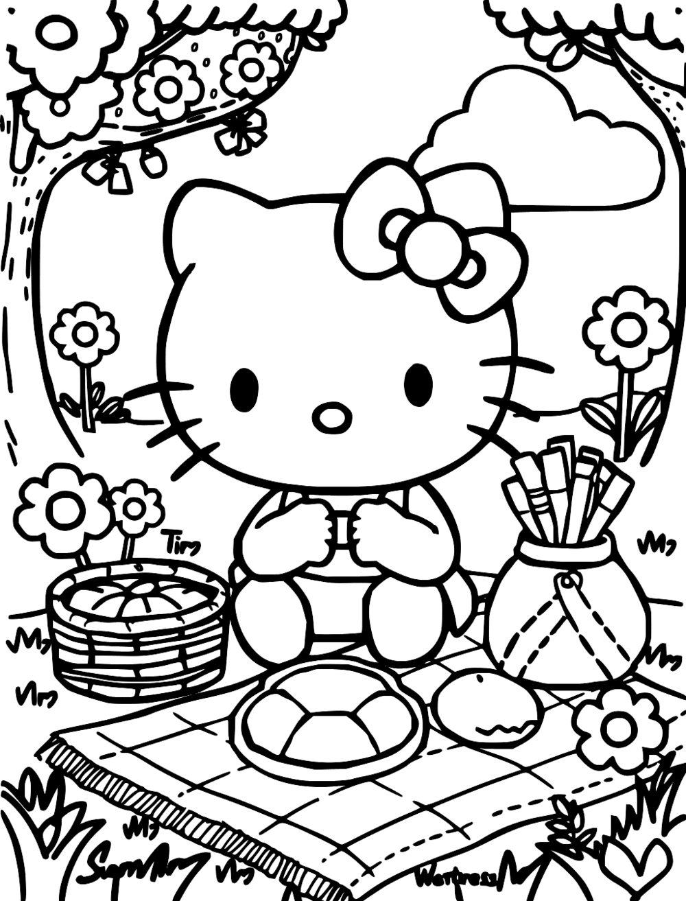 Hello Kitty Enjoying Picnic coloring page