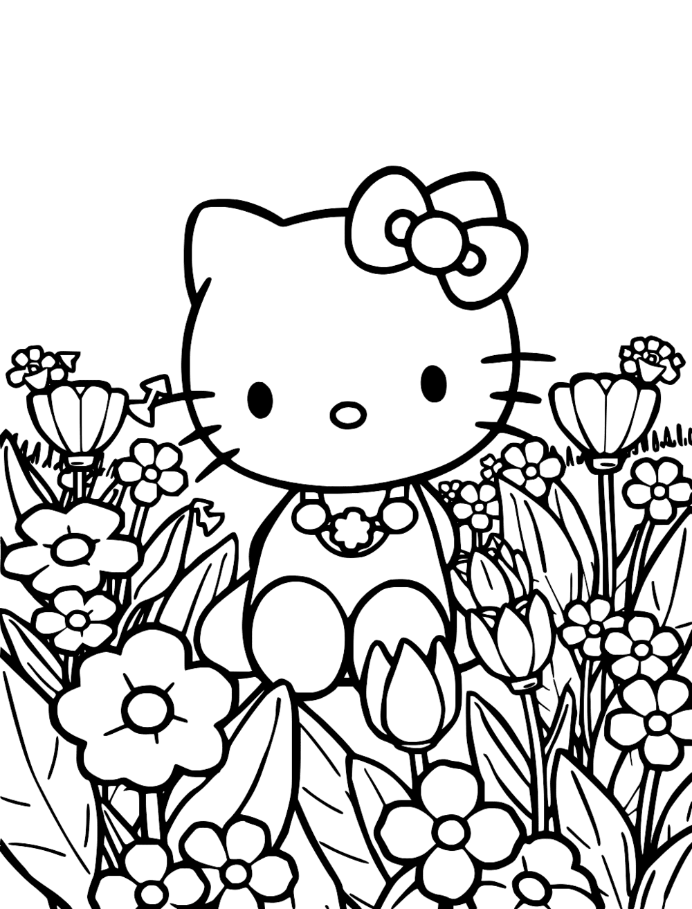 Hello Kitty In A Flower Garden Coloring Page