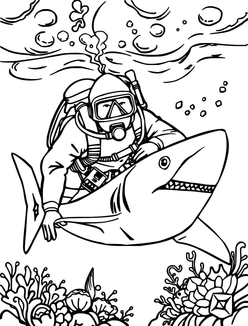 Shark And Diver Coloring Page