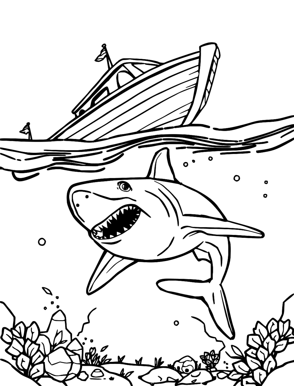 Shark Swimming Under A Boat coloring page